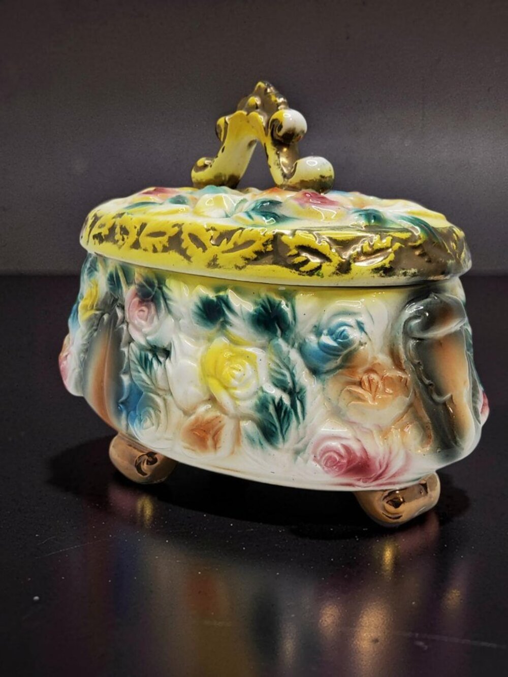vintage porcelain multicolor rose made in japan footed trinket/jewelry dish